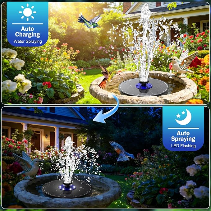 SZMP 3.5W Upgraded Glass Panel Solar Fountain with Auto White LED Night Show, Anti-Drift & Run-Dry Protection, 7 Nozzles Floating Bird Bath Fountain for Garden, Pond, Outdoor (Black)
