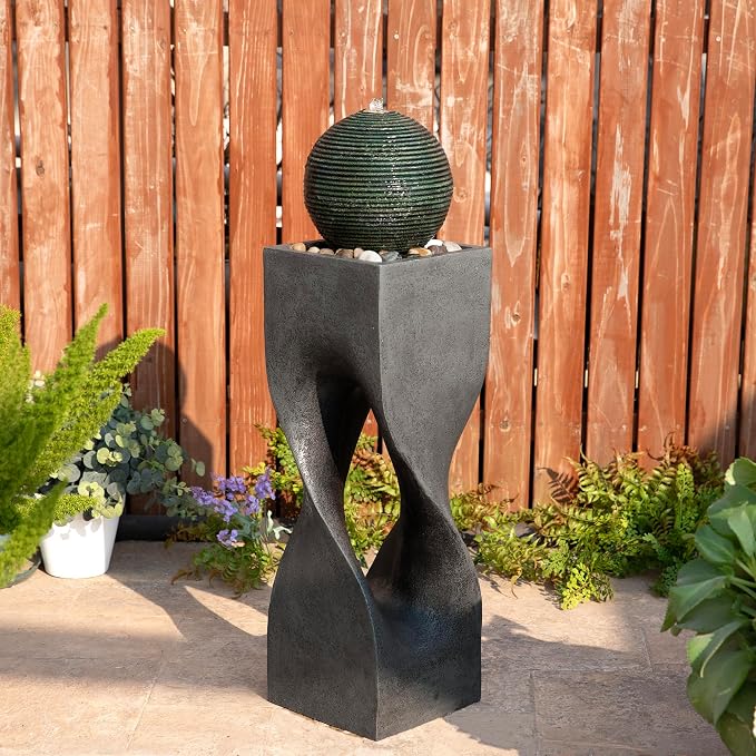Glitzhome Outdoor Water Fountain, Outdoor Fountain with Lights, 36.5" H Modern Geometric Pedestal and Sphere Polyresin Outdoor Floor Standing Fountain with Pebbles, Pump for Garden, Patio, Backyard