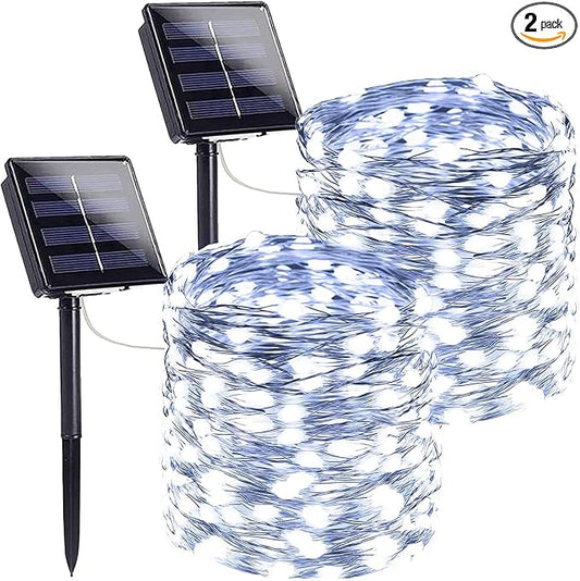 Extra-Long Solar String Lights Outdoor, 2-Pack 200LED Solar Fairy Lights for Outside Waterproof, Silver Wire 8 Modes Solar Powered Twinkle Lights for Tree Garden Party Xmas Wedding Decor (Cool White)