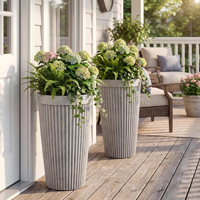 Autodaya 20" Ivory Outdoor Fluted Resin Tall Planters Set of 2 | High-Density Resin Pots with Drainage Holes for Indoor and Outdoor Plants, Patio, Garden, Porch, Living Room, or Gifting