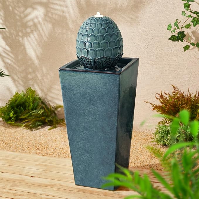 Glitzhome 35.75" H Tall Ceramic Outdoor Water Fountain with LED Light Oversized Artichoke Pedestal Fountains with Submersible Pump Patio Fountain Waterfall for Garden Patio Deck Porch, Turquoise