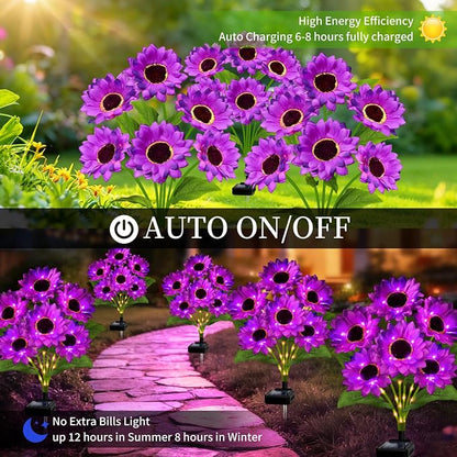 Solar Garden Lights Outdoor, 6 Pack Solar Purple Sunflower Lights with 18 Head 3.5 Inch Flowers, Waterproof Flowers Light Fall Decor Auto ON/Off for Garden Yard Patio Backyard, Gifts for Mom Women