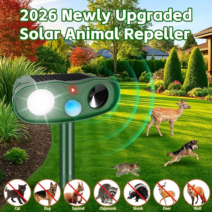Sonic Fortress Pro Deer Repellent Devices, Solar Ultrasonic Racoon Squirrel Repellent Outdoor IP65 Motion Activated Animal Repeller Cat Deterrent Light to Scare Rabbit Dog Skunk Out of Garden Yard(4)