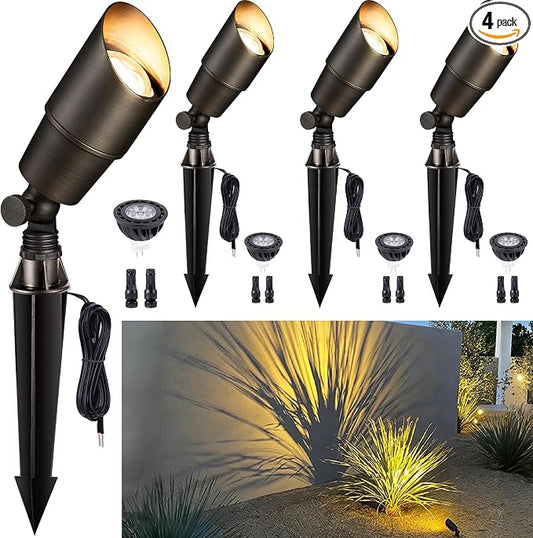 Gardenreet Brass Landscape Lighting - Outdoor Low Voltage Spotlights LED, 12V Wired Uplights, Waterproof Spot Lights, Antique Bronze for Outside Trees with 5W 2700K Warm White MR16 Bulb (4 Pack)