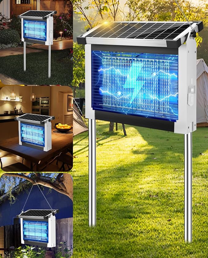 Solar Bug Zapper Outdoor, PhatroyYee Mosquito Zapper 4500V, Waterproof Portable Fly Zapper, Rechargeable Electric Mosquito Killer, Cordless Fly Insect Mosquitos Trap for Patio Yard Home Camping(White)