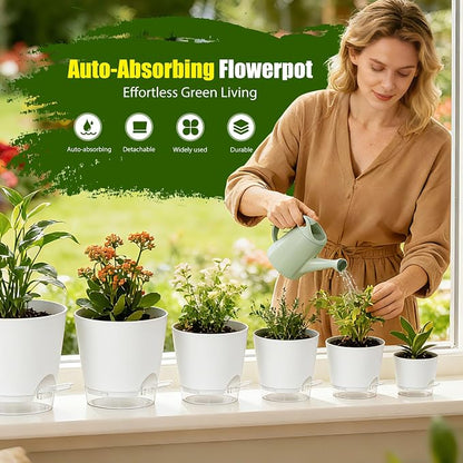 Plant Pots 4/5/5.5/6/6.5/7/8 Inch Self Watering Pots, 7 Pack Plastic Planters with Drainage Holes and Clear Saucers,Plastic Flower Pots,Nursery Planting Pot for Indoor Out Door Plants(White)