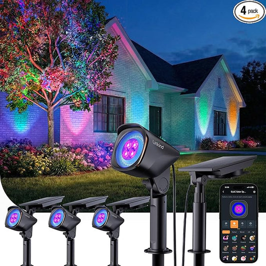Linkind Smart Solar Tree Spotlight SL6C, Dual-Ring Solar & USB Charging Solar Lights Outdoor Waterproof IP66, Color Changing Trees Uplights, Outdoor Light for Yard, Garden, Landscape, 4 Pack