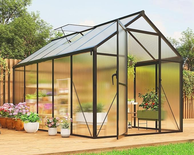 6x10 FT Greenhouse for Outdoors, Polycarbonate Greenhouse with Roof Vent, Ground Nails, Lockable Push Door, Aluminum Large Walk-in Green House for Outside Garden Backyard, Patio, Lawn, Black