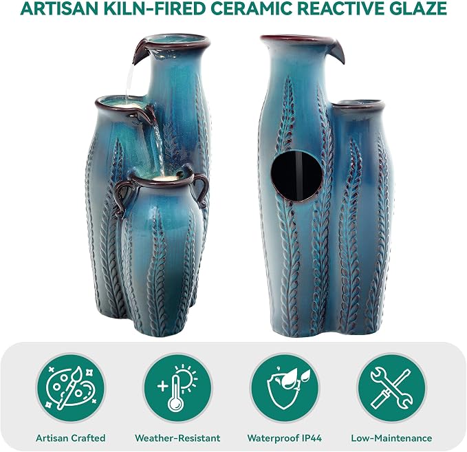 29.5" H Ceramic Outdoor Water Fountain with LED Lights, 3-Tier Vase Cascading Water Feature, Turquoise with Embossed Leaf Patterns, Tranquil Waterfall for Garden, Patio, Yard, or Porch