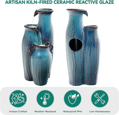 29.5" H Ceramic Outdoor Water Fountain with LED Lights, 3-Tier Vase Cascading Water Feature, Turquoise with Embossed Leaf Patterns, Tranquil Waterfall for Garden, Patio, Yard, or Porch