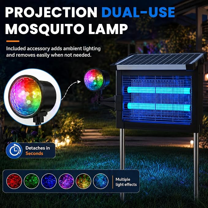 Zechuan Solar Bug Zapper Outdoor, Cordless Rechargeable Mosquito Killer | IP66 Waterproof Fly Zapper, 4500V Grid, Auto/Manual Mode, Cordless with Projection Light, Cord & Chain for Patio Camping RV