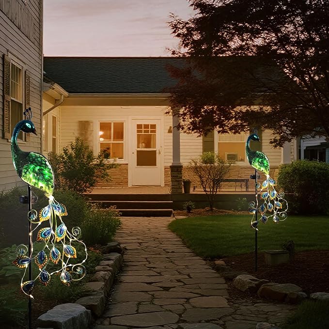 Solar Peacock Garden Stake Lights Waterproof Metal Outdoor Decor | Solar Peacock Garden Stake Lights, Waterproof Metal Glass, Thick Stake, Glow-In-The-Dark Eye, For Pathway Patio Yard Decor