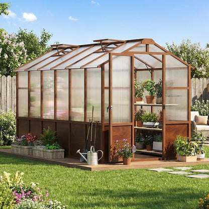 Jocoevol 6x12FT Greenhouse for Outdoors, Wooden Frame Polycarbonate Green House w/ Adjustable Roof Vent and Lockable Door Handle, Walk-in Greenhouses for Outside Garden Backyard