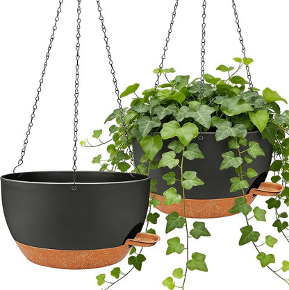 2 Pack 10 Inch Self Watering Hanging Planters for Indoor Plants, Large Black Brown Plastic Hanging Pots with Chains for Outdoor Patio Garden Home Decor (Black Brown)