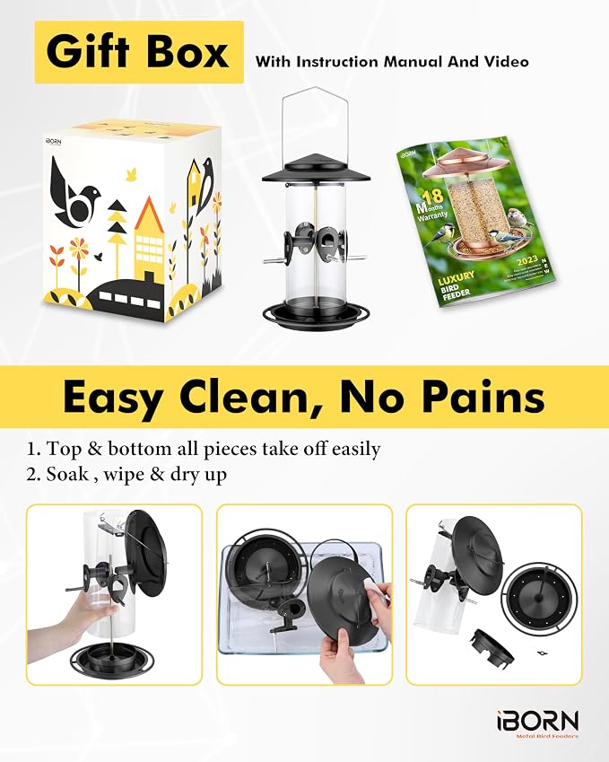 iBorn Metal Bird Feeder for Outside Hanging,Wild Bird Feeders for Cardinal,17.8cm Large Roof&Tray Black 10 Port(Seed is not Included)