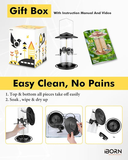 iBorn Metal Bird Feeder for Outside Hanging,Wild Bird Feeders for Cardinal,17.8cm Large Roof&Tray Black 10 Port(Seed is not Included)