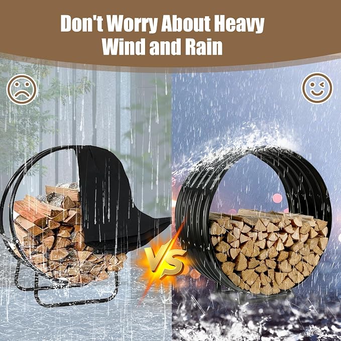 Round Heavy Duty Firewood Rack – Galvanized Wave-Shaped Steel with 4 Sturdy Legs – 0.8mm Thick Black Coated – Indoor or Outdoor Wood Holder for Fireplace,Patio & Deck Fire Pit (2.7FT Diameter+Base)