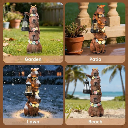 Capybara Solar Garden Statue, Outdoor Capybara Statue with Flower Decoration & Lantern Light, Funny Triple Capybara Decor for Women, Capybara Figurine for Yard Garden Patio Lawn Ornaments