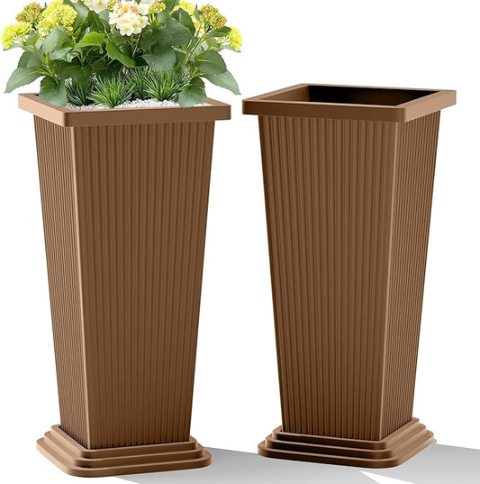 TUYOHW Set of 2 Tall Planters, 24" Large Indoor Outdoor Flower Pots with Tray, Modern Tapered Planters for Porch, Patio, Garden, Backyard