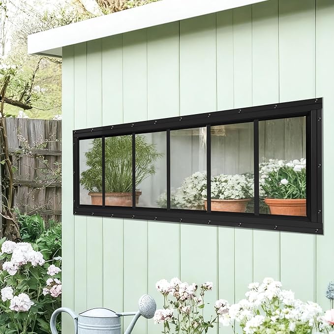Shed Windows 2 Pack, Fixed Transom Windows 10" x 35" Black | Small Chicken Coop Windows with Tempered Glass for Shed, Barns, Playhouse, Household, Garage