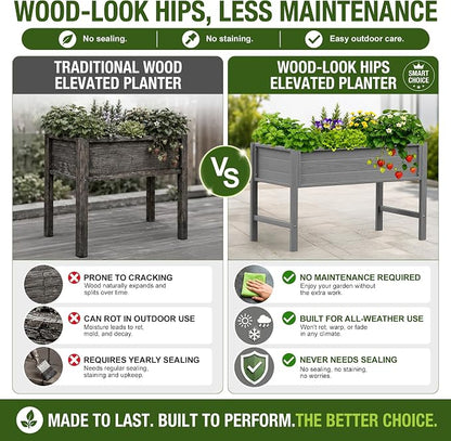 YEFU 48" Raised Garden Bed with Legs, HIPS Outdoor Garden Bed, Grey | Raised Garden Bed with Legs for Patios & Decks, 30" Height, Wood-Look HIPS, Drainage, 385 lbs Support for Vegetables & Herbs
