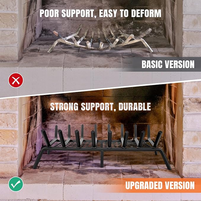 INNO STAGE Fireplace Grates with Ember Retainer - 30 Inch Fireplace Log Grate, Firewood Wood Log Holder Rack, Inside Wrought Cast Iron Fire Grate for Hearth Indoor Outdoor Camping