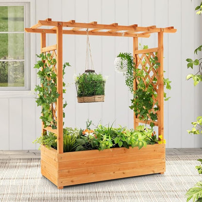 ORALNER Raised Garden Bed with Trellis, Wooden Planter Box with Climbing Frame, Outdoor Elevated Garden Box for Vegetables, Herbs, Flowers, Fruits (Small)