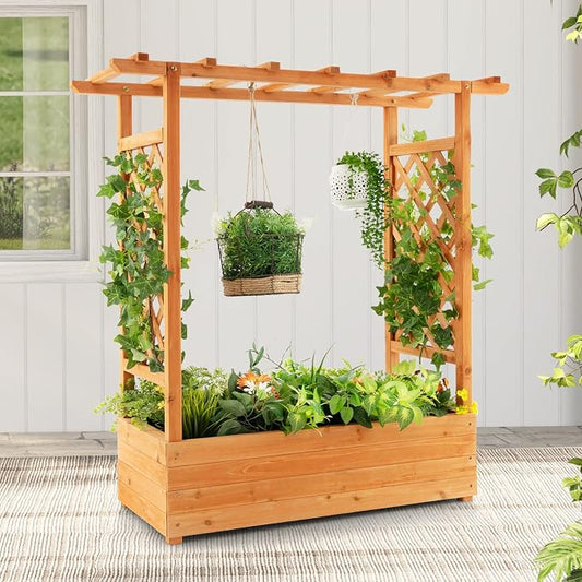 ORALNER Raised Garden Bed with Trellis, Wooden Planter Box with Climbing Frame, Outdoor Elevated Garden Box for Vegetables, Herbs, Flowers, Fruits (Small)