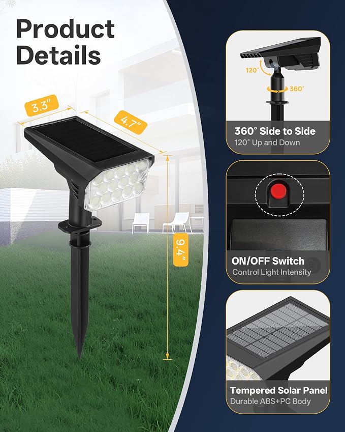 Solar Lights Outdoor Waterproof IP65, 56 LED 3 Lighting Modes Solar Spot Lights Outdoor, Solar Powered Landscape Lighting for Yard Pathway Garden, 6 Pack (Warm White)