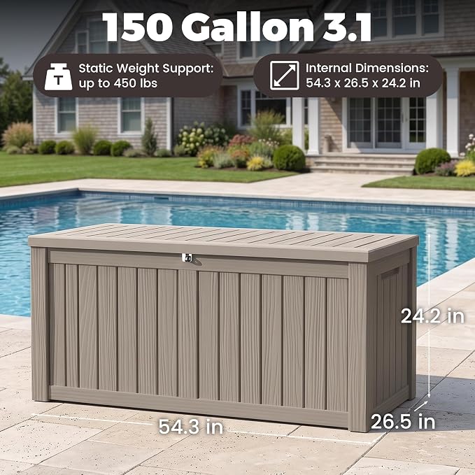 Outdoor Storage Box, 150 Gallon Waterproof Deck Box [Upgraded 3.0], Piston-Assisted Resin Trunk for Sectional Sofa Cushions, High-Capacity Lockable Double Storage Bench, Patio Lounge, Grey