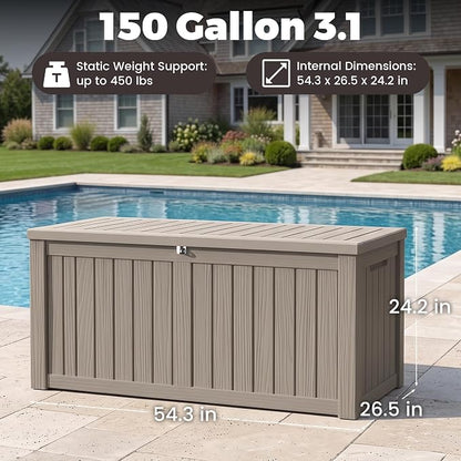 Outdoor Storage Box, 150 Gallon Waterproof Deck Box [Upgraded 3.0], Piston-Assisted Resin Trunk for Sectional Sofa Cushions, High-Capacity Lockable Double Storage Bench, Patio Lounge, Grey