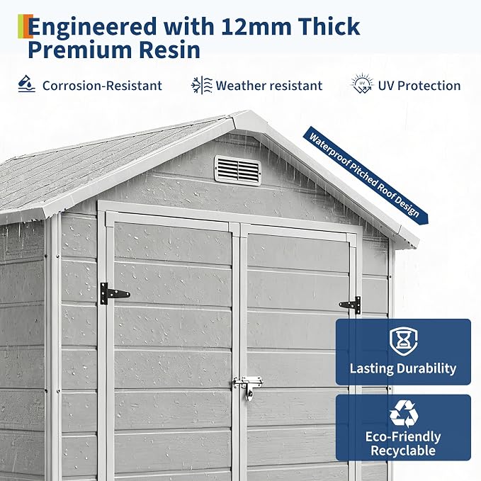 Outdoor Storage Shed with Floor, Plastic Resin Garden Shed with Window & Sloping Roof & Lockable Door for Patio Backyard Garden, Lawn Mower, Bike, Tool Storage (Light Gray, 6' x 4')