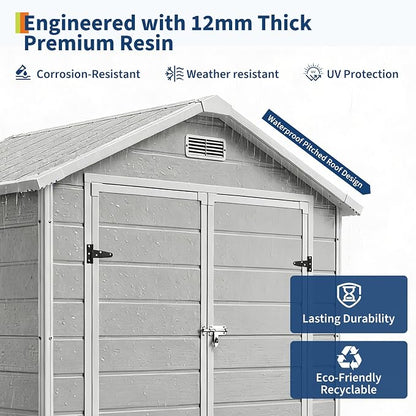 Outdoor Storage Shed with Floor, Plastic Resin Garden Shed with Window & Sloping Roof & Lockable Door for Patio Backyard Garden, Lawn Mower, Bike, Tool Storage (Light Gray, 6' x 4')