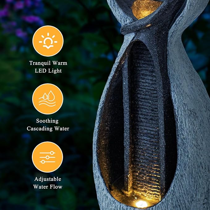 39.8" H Large Outdoor Water Fountain, Floor Garden Waterfall Feature, Modern Abstract Couple Resin Statue with LED Light, Fountain for Porch Yard Backyard Patio, Living Room Decor