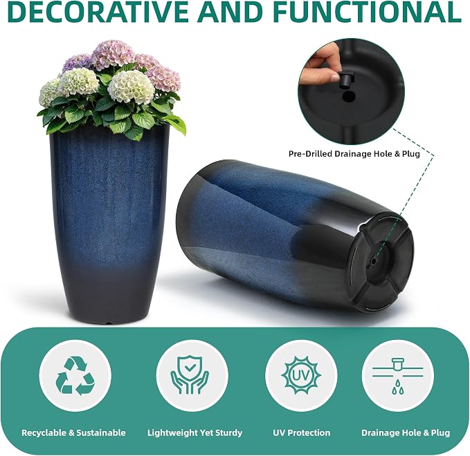 Autodaya 23.8" Large Cobalt Blue Tall Planters, Set of 2 Plastic Pots | Gradient Cobalt Blue Finish, Lightweight And Weather-Resistant Plastic Build, for Porch, Garden, Patio, Deck, or Indoor Use