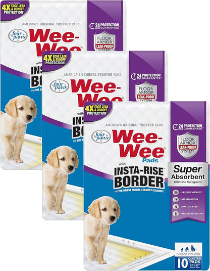 Four Paws Wee-Wee Super Absorbent Unscented Pee Pads for Dogs & Puppies with Insta-Rise Border, Leak-Proof Dog Housebreaking Potty Training Floor Protection, 22" x 23", 10 Count (Pack of 3)