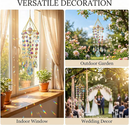 HDCRYSTALGIFTS Crystal Suncatchers for Window Hanging Glass Wind Chime Style Garden Sun Catchers with Crystals Prisms Rainbow Maker Indoor Outdoor Decor Handmade Gold Plated