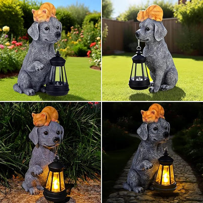 for Mom – Solar Dog Garden Statues with Lantern and Sleeping Cat, Resin Pet Figurine Light for Outdoor Yard Decor, Gift for Women Grandma