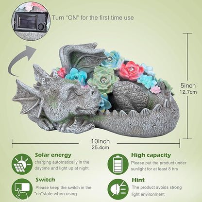 Garden Dragon Statue Outdoor Decor, Coiled Sleeping Dragon Figurine with Solar Light Succulent, Waterproof Resin Garden Sculpture for Outside Lawn Patio Yard Ornament
