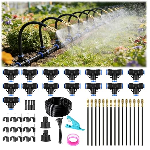 Drip Irrigation System, 50FT 1/4" Garden Watering for Outdoor Plants & Raised Beds, 15pcs Upgraded Brass Nozzles 360° Adjustable Misting Kit, UV-Resistant Tubing for Greenhouse, Lawn & Patio Cooling