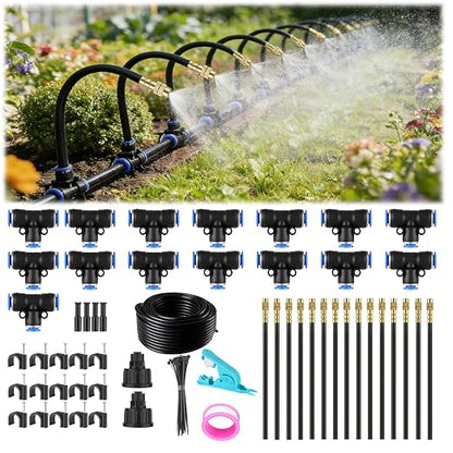 Drip Irrigation System, 50FT 1/4" Garden Watering for Outdoor Plants & Raised Beds, 15pcs Upgraded Brass Nozzles 360° Adjustable Misting Kit, UV-Resistant Tubing for Greenhouse, Lawn & Patio Cooling