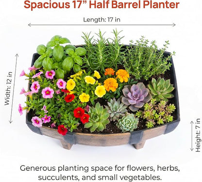 Gardenised 2-Piece Rectangular Half Barrel Flower Pots Rustic Farmhouse Style Faux Wood Planter Containers for Indoor & Outdoor Use Perfect for Displaying Decorative Garden Florals Herbs & Succulents