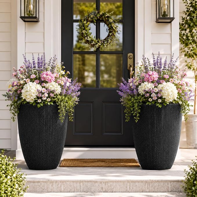 19" Black Concrete-Look Resin Tall Planters with Fluted Texture | Set of 2 resin tall planters with black fluted texture, drainage holes, and UV-resistant finish for porch or patio