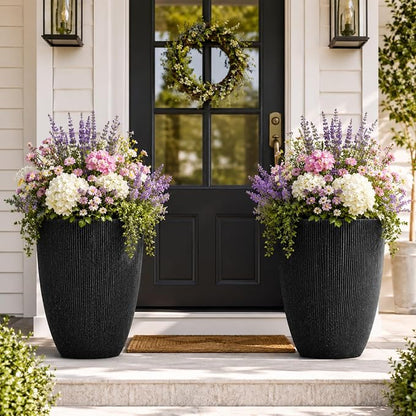 19" Black Concrete-Look Resin Tall Planters with Fluted Texture | Set of 2 resin tall planters with black fluted texture, drainage holes, and UV-resistant finish for porch or patio