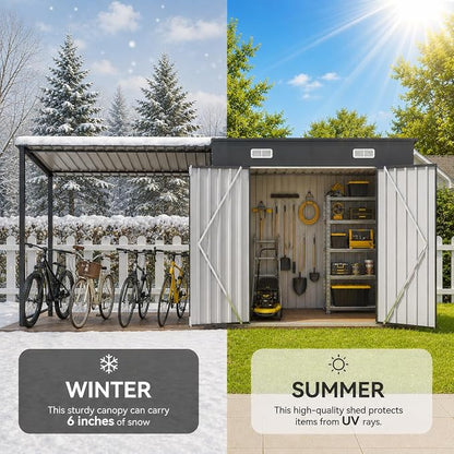 KEIKI 12x4 FT Metal Garden Shed with Pergola, 6x4 FT Outdoor Storage Shed & Backyard Gazebo Combo, 2-in-1 Patio Tool Shed with Open Side, Heavy-Duty Steel Frame, All-Weather, Easy Assembly, Gray