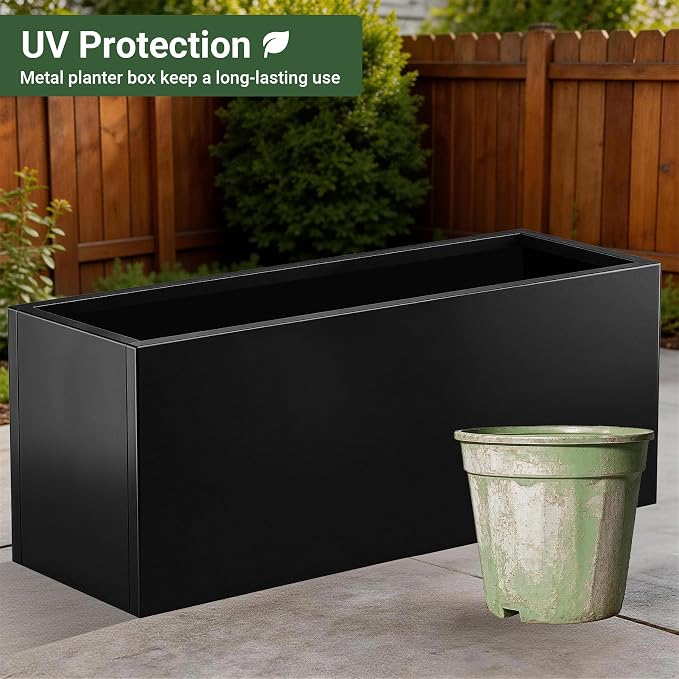 Metal Planter Box 46” x 16” x 16”, Tall Rectangle Planter Box | with Drainage Holes & Rust-Proof Coating, Modern Outdoor Black Planter Box for Porch, Garden, Patio, Yard