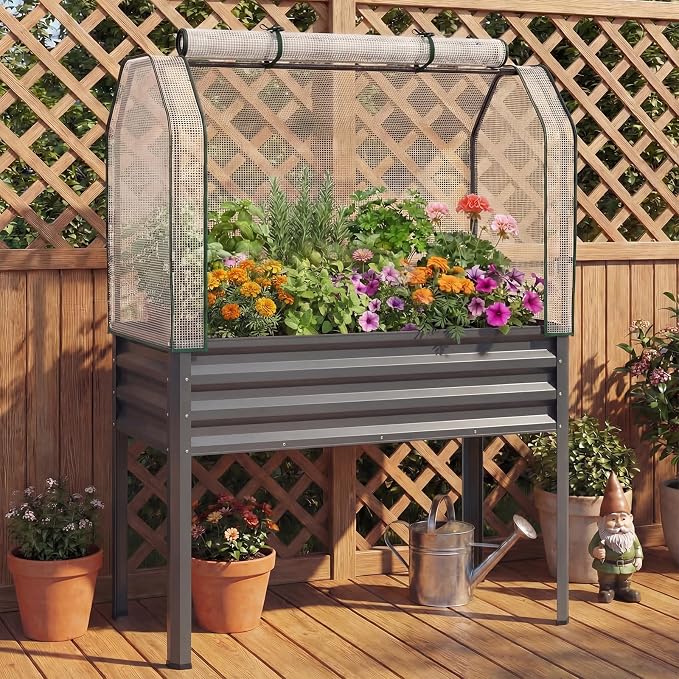 Giantex Raised Garden Bed with Legs & Greenhouse Cover, 44x22x60 Elevated Metal Planter Box with Roll-up Door, Outdoor Mini Greenhouse for Vegetable Flower Herb Patio Balcony (Gray,2)