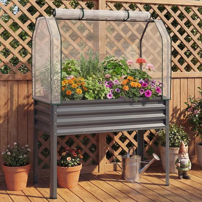 Giantex Raised Garden Bed with Legs & Greenhouse Cover, 44x22x60 Elevated Metal Planter Box with Roll-up Door, Outdoor Mini Greenhouse for Vegetable Flower Herb Patio Balcony (Gray,2)