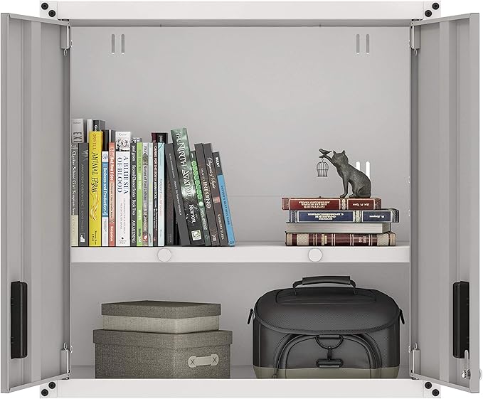 Floating Garage Storage Cabinet - Heavy-Duty Wall Mount Steel Cabinet, Lockable 2-Door Design, Removable Shelf, 44 lbs Capacity, Ready-to-Assemble Metal Garage Organizer (White and Grey)