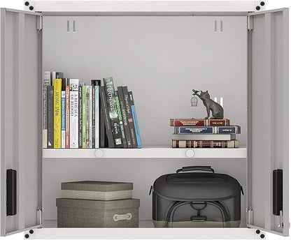 Floating Garage Storage Cabinet - Heavy-Duty Wall Mount Steel Cabinet, Lockable 2-Door Design, Removable Shelf, 44 lbs Capacity, Ready-to-Assemble Metal Garage Organizer (White and Grey)